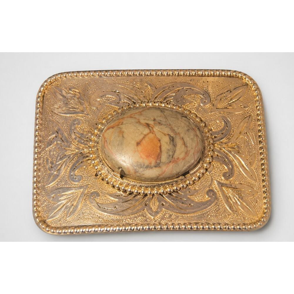 Vintage Brassy Silver-tone Large Belt Buckle‎ Agate 3.75" Southwestern acc-
